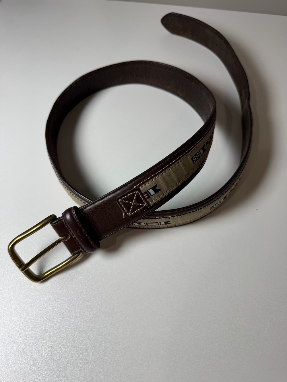 Vintage Leatherman Nautical Theme Sailing Flags Brown Leather Belt Canvas Inlay